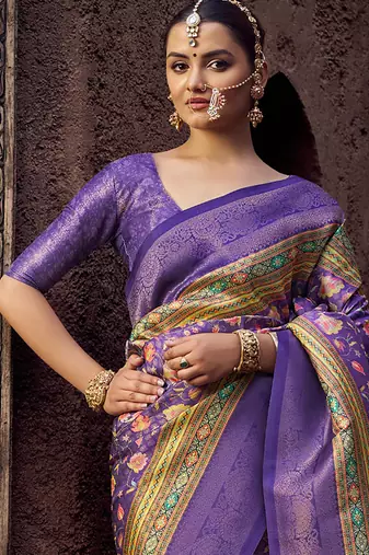 lavender jacquard p v silk blend digital floral print zari weaving bollywood saree