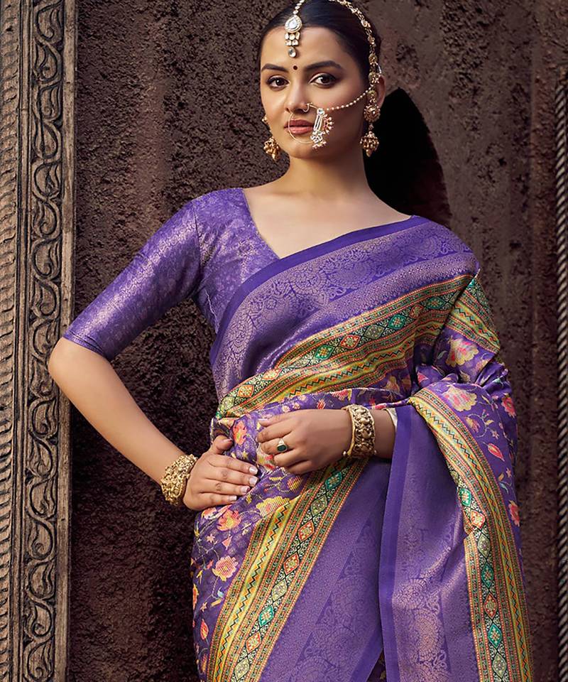 lavender jacquard p v silk blend digital floral print zari weaving bollywood saree