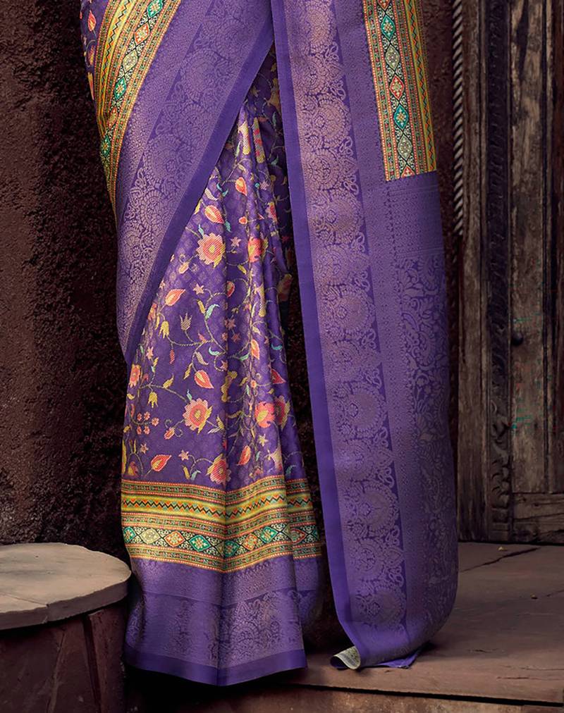 lavender jacquard p v silk blend digital floral print zari weaving bollywood saree
