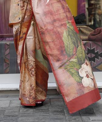 Peach & multicolor northern light twirl silk modern digital print bollywood saree 4