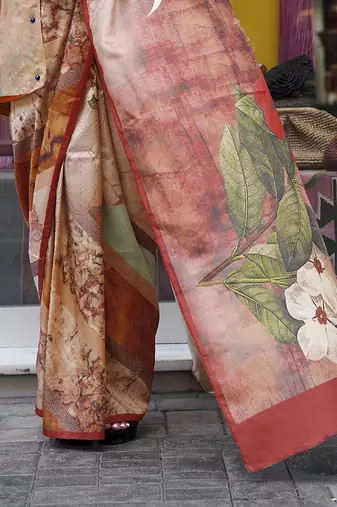 Peach & multicolor northern light twirl silk modern digital print bollywood saree