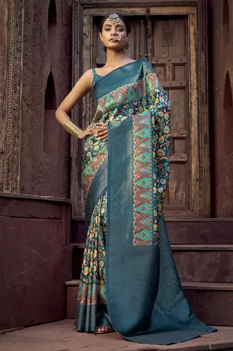 blue jacquard p v silk blend digital floral print zari weaving bollywood saree