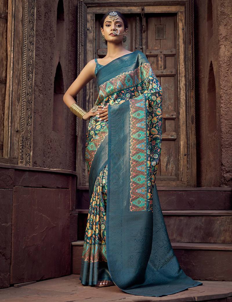 blue jacquard p v silk blend digital floral print zari weaving bollywood saree