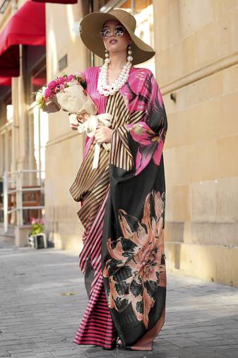 Fuchsia & multicolor northern light twirl silk modern digital print bollywood saree