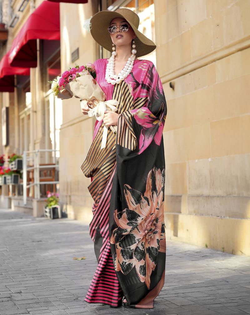 Fuchsia & multicolor northern light twirl silk modern digital print bollywood saree