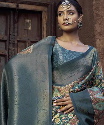 blue jacquard p v silk blend digital floral print zari weaving bollywood saree 2