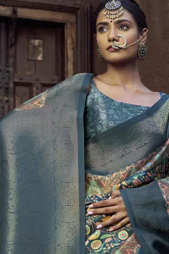 blue jacquard p v silk blend digital floral print zari weaving bollywood saree