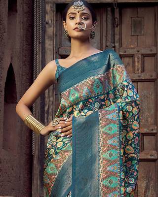blue jacquard p v silk blend digital floral print zari weaving bollywood saree 3