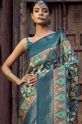 blue jacquard p v silk blend digital floral print zari weaving bollywood saree