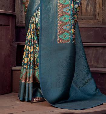 blue jacquard p v silk blend digital floral print zari weaving bollywood saree 4