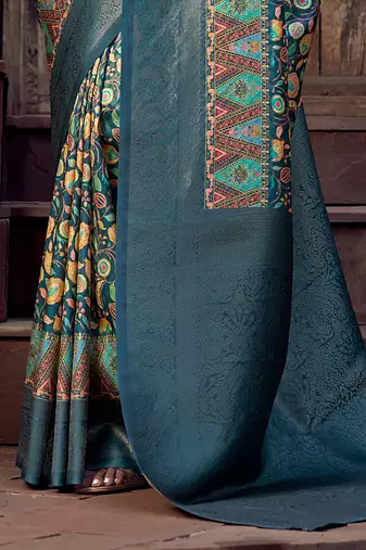 blue jacquard p v silk blend digital floral print zari weaving bollywood saree