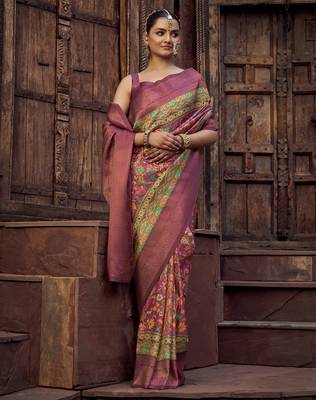 rama blue jacquard p v silk blend digital floral print zari weaving bollywood saree 1
