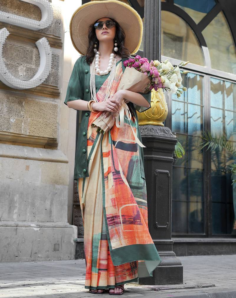 Multicolor northern light twirl silk modern digital print bollywood saree