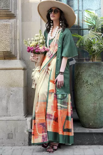 Multicolor northern light twirl silk modern digital print bollywood saree