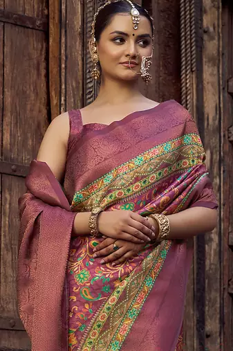 rama blue jacquard p v silk blend digital floral print zari weaving bollywood saree