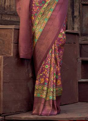 rama blue jacquard p v silk blend digital floral print zari weaving bollywood saree 4