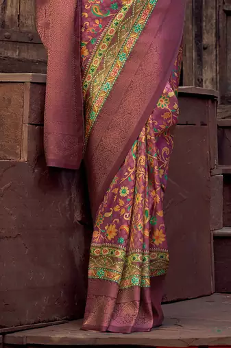 rama blue jacquard p v silk blend digital floral print zari weaving bollywood saree