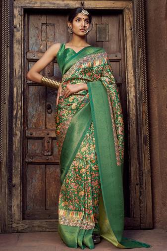 green jacquard p v silk blend digital floral print zari weaving bollywood saree