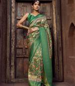 green jacquard p v silk blend digital floral print zari weaving bollywood saree