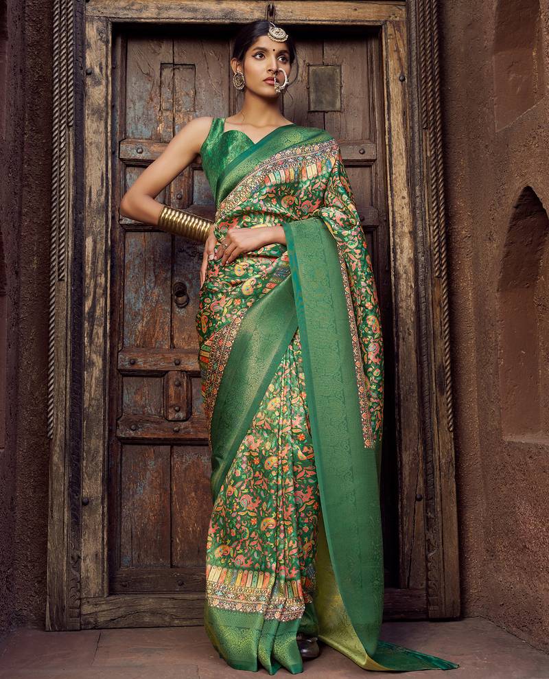 green jacquard p v silk blend digital floral print zari weaving bollywood saree