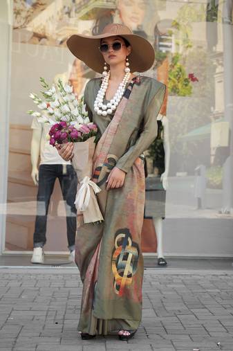 Beige & multicolor northern light twirl silk modern digital print bollywood saree