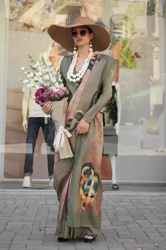 Beige & multicolor northern light twirl silk modern digital print bollywood saree