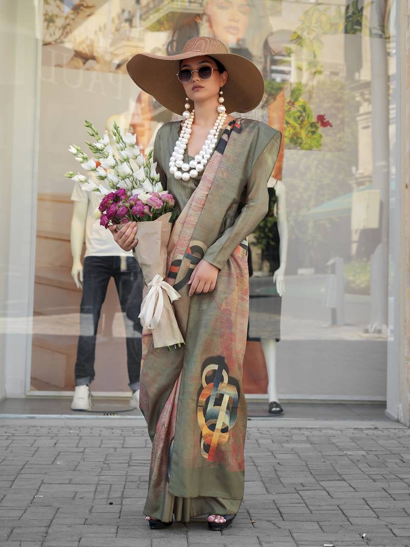 Beige & multicolor northern light twirl silk modern digital print bollywood saree