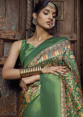 green jacquard p v silk blend digital floral print zari weaving bollywood saree 2