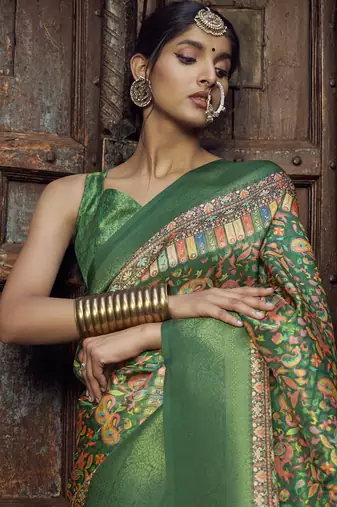 green jacquard p v silk blend digital floral print zari weaving bollywood saree