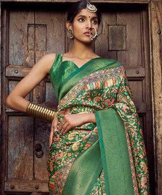 green jacquard p v silk blend digital floral print zari weaving bollywood saree 3