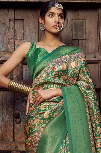 green jacquard p v silk blend digital floral print zari weaving bollywood saree