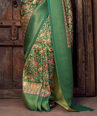 green jacquard p v silk blend digital floral print zari weaving bollywood saree 4