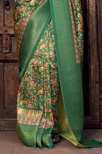 green jacquard p v silk blend digital floral print zari weaving bollywood saree