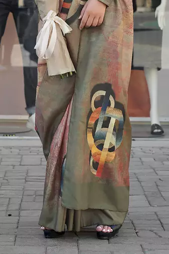 Beige & multicolor northern light twirl silk modern digital print bollywood saree