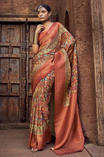peach & rust jacquard p v silk blend digital floral print zari weaving bollywood saree