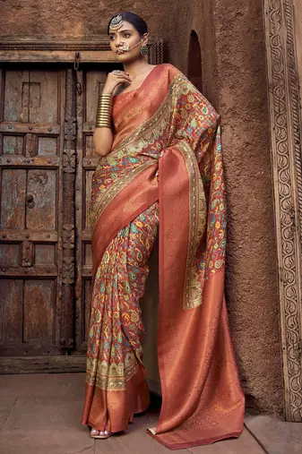 peach & rust jacquard p v silk blend digital floral print zari weaving bollywood saree