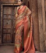 peach & rust jacquard p v silk blend digital floral print zari weaving bollywood saree