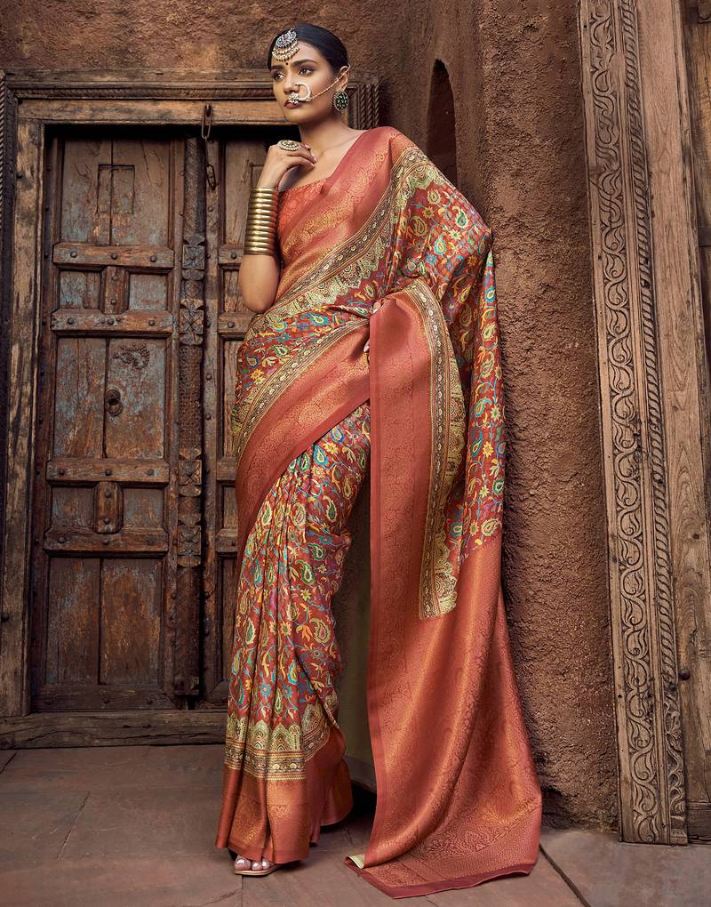 peach & rust jacquard p v silk blend digital floral print zari weaving bollywood saree