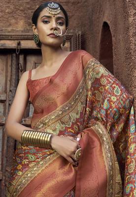 peach & rust jacquard p v silk blend digital floral print zari weaving bollywood saree 2