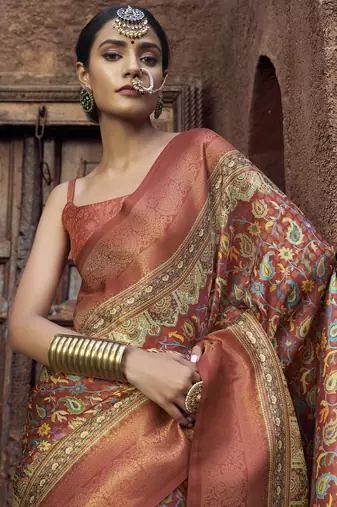 peach & rust jacquard p v silk blend digital floral print zari weaving bollywood saree