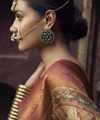 peach & rust jacquard p v silk blend digital floral print zari weaving bollywood saree 3