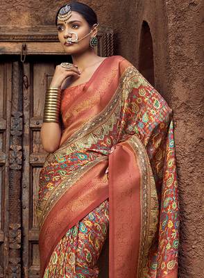 peach & rust jacquard p v silk blend digital floral print zari weaving bollywood saree 4