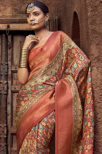 peach & rust jacquard p v silk blend digital floral print zari weaving bollywood saree