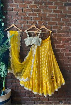 mustard banarasi georgette mirror blouse lehenga set 1