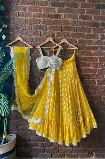 mustard banarasi georgette mirror blouse lehenga set