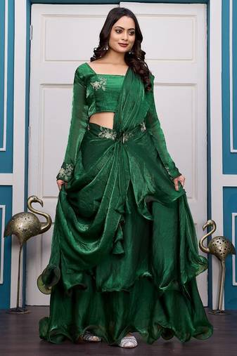 green fendy satin embroidered lehenga set with dupatta