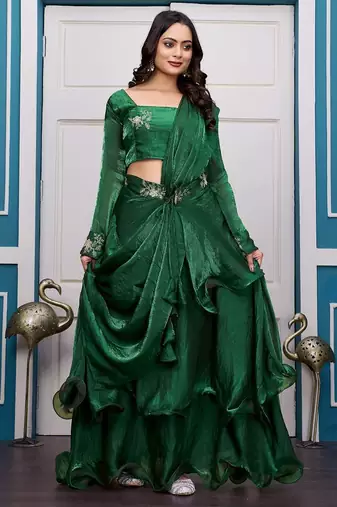 green fendy satin embroidered lehenga set with dupatta