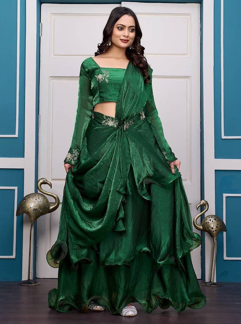 green fendy satin embroidered lehenga set with dupatta