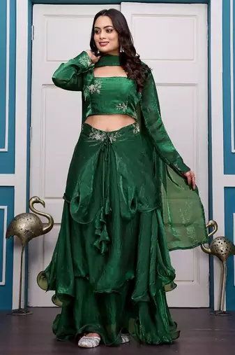 green fendy satin embroidered lehenga set with dupatta