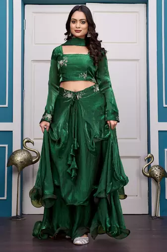 green fendy satin embroidered lehenga set with dupatta
